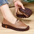 Brown leather women's casual flat shoes featuring breathable star-shaped perforations - EU 38 / Brown