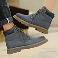 Men's dark grey nubuck leather work boots with durable rubber soles and sport logo - Gray