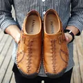 Brown leather loafers for men with stitch details and buckle accent in slip-on style - EU 38 / Yellow Brown