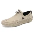 Men's khaki suede slip-on casual shoes with wave rubber sole and elastic drawstring detail - EU 38 / Khaki (Goat Pattern)