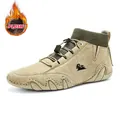 Khaki suede winter boots with plush lining and green knit sock collar for outdoor wear - EU 38 / Khaki (Fleece Lined)