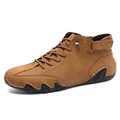 Brown mid-top casual leather shoes for men featuring lace-up and velcro strap details - EU 38 / Brown