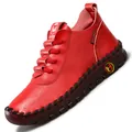 Handmade red leather lace-up loafers with soft rubber sole and litchi grain texture - EU 43 / Red