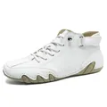 White high-top leather casual shoes for men with stylish khaki rubber wave soles - White