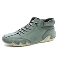 High-top casual men's sneakers in grey-green suede with wavy rubber sole design - Green