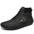 Men's black high-top faux leather boots with gold dragon emblem and knit collar - EU 38 / Black