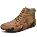 Brown mid-top faux suede work boots for men with knit collar and sport detail - EU 38 / Khaki