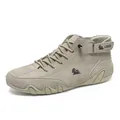 Men's khaki high-top leather casual boots with non-slip rubber soles and velcro straps - 38 / Sand (Upgraded)