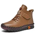 Men's high-top brown leather boots with fleece lining and durable non-slip rubber soles - 35 / Brown