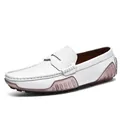 White genuine leather men's loafers with classic moccasin stitching and rubber sole - EU 38 / White