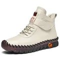 Women's warm high-top winter boots in beige leather with thick rubber soles and velcro straps - 35 / Off White