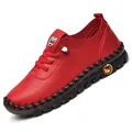 Women red soft leather casual flats with handmade stitching and thick serrated rubber sole - EU 35 / Red