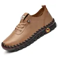 Brown handmade leather loafers for men with non-slip thick rubber sole and stitching - EU 35 / Brown