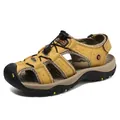Men's leather outdoor beach sandals in retro yellow with anti-collision toe and non-slip sole - EU 38 / Tan