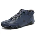 Men's dark blue leather mid-top casual boots with anti-slip rubber octopus sole - 38 / Dark Blue (Upgraded)