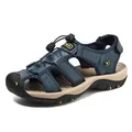Men's navy blue leather hiking sandals with closed toe and adjustable drawstring strap - EU 38 / Blue