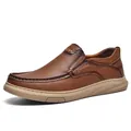 Mens brown leather loafers with thick khaki anti-slip soles and decorative stitching - 38 / Slip-on / Brown Slip-On (2232)