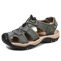 Dark grey leather men's outdoor sandals with protective toe cap and bungee laces - EU 38 / Army Green
