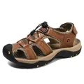 Mens brown leather outdoor sandals with protective rubber toe and elastic drawstring laces - EU 38 / Dark Brown