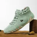 LDECK mint green casual high-top leather boots with white decorative hand-stitching detail - 34 / Apple Green (F8008)