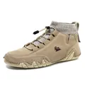 Men's khaki suede sock boots with knitted ankle cuff and elastic drawstring lock - Khaki