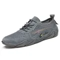 Men's casual grey mesh sneakers with leather patches and a wavy anti-slip rubber sole - EU 38 / Gray