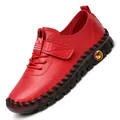 Chaussures plates décontractées en cuir rouge pour femme avec bride velcro et semelle épaisse - 35 / Rouge
