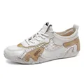 Breathable white mesh athletic sneakers with tan leather accents and wave-pattern rubber sole - 38 / G663 Series / White Gold