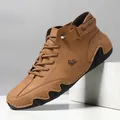 Brown high-top leather boots for men with lace-up closure and wavy rubber sole - 35 / Light Brown (F8008)