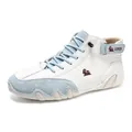 Men's high-top sneakers in white and light blue leather with adjustable ankle strap - White Blue