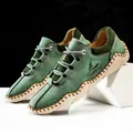 Men's retro gray-green casual leather shoes with handmade stitching and corduroy details - 38 / Green