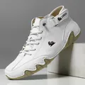 Men's high-top white leather boots with litchi grain and brown rubber soles - 36 / White