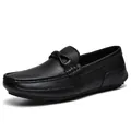 Men's black pebble grain leather loafers with decorative buckle and slip-on design - EU 38 / Buckle Style (2826) / Black