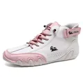 Fashionable high-top Martin boots in white and pink leather with Velcro ankle strap - EU 36 / White Pink