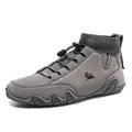Dark grey men's casual high-top sock boots with knitted cuff and elastic lacing - Gray