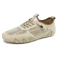 Men's breathable mesh casual outdoor shoes in beige with reindeer logo and rubber sole - Khaki