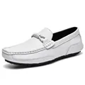 White pebbled leather men's loafer with decorative buckle and non-slip rubber pebble sole - EU 38 / Buckle Style (2826) / White