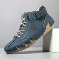 Heren hoge casual martin laarzen in mat blauw met rubberen zolen met golfpatroon - Donkerblauw