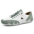 Low-top casual leather sneakers in white and sage green with a goat logo and wave sole - 35 / White and Light Green