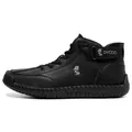 Black leather high-top casual boots for men featuring handmade stitching and velcro strap - 38 / Black (Fox Logo)