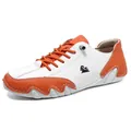 Men's casual low-top shoes in stylish white and orange leather color block design - White and Orange