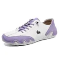 Women's white and lavender leather leisure shoes with black sheep logo and purple laces - White Purple