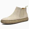 Men's beige suede Chelsea boots with textured rubber platform sole and elastic side band - 38 / Beige Slip-on Style (2305)