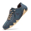 Men's navy blue suede boat shoes with beige wave-textured rubber soles and Salkin logo - EU 38 / Blue