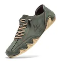 Men's dark green suede casual loafers with khaki wave sole and beige lacing details - EU 38 / Green