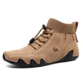Men's brown mid-top casual leather shoes with a knitted collar and adjustable toggle - EU 38 / Standard Type / Brown