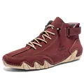 Detail view of burgundy leather high-top boots with wave-shaped rubber soles and straps - Burgundy