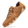Men's tan suede casual boat shoe with wave-shaped rubber sole and lace-up closure - Gold