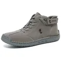 Men's high-top casual grey boots in suede with velcro strap and rubber sole - Gray
