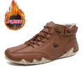 Brown high-top leather boots for men with warm plush lining and velcro strap - 36 / Fleece Lined Style / Burgundy